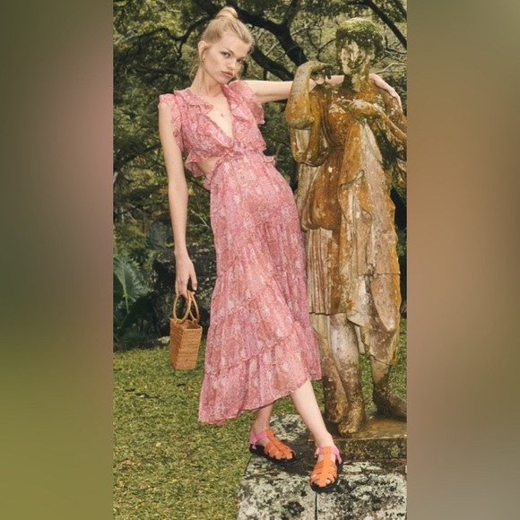 Misa Los Angeles Natasha Floral Cut‎ Out Midi Sleeveless Dress Red Flowy Medium - Picture 2 of 5